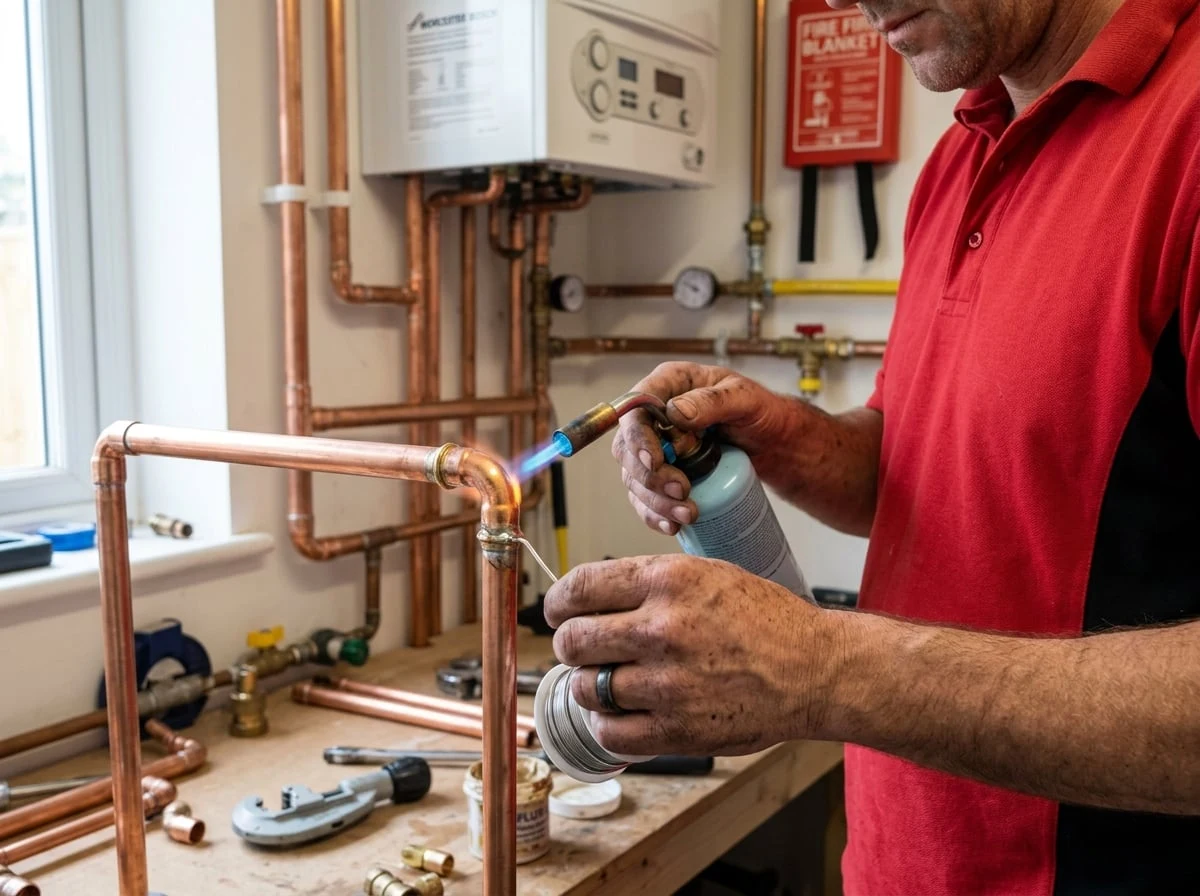 Pinner Plumbers 247 engineer soldering copper pipe fittings for a new boiler installation in Pinner